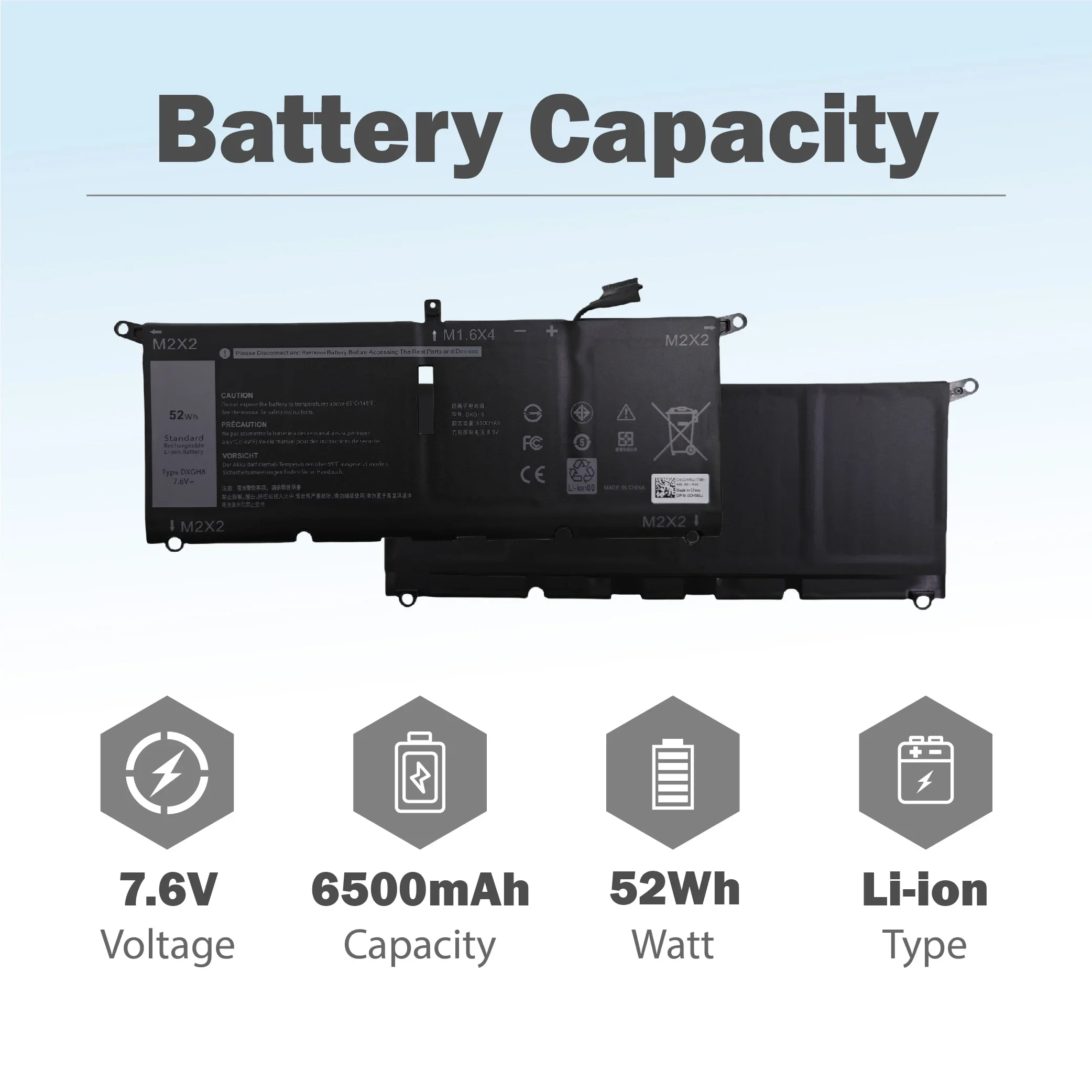 SWZY DXGH8 7.6V 52Wh Battery for Dell XPS 13 380 Inspiron 13 7390 Latitude 3301 Vostro 13 5390 G8VCF 5391 7391 7490 view 3