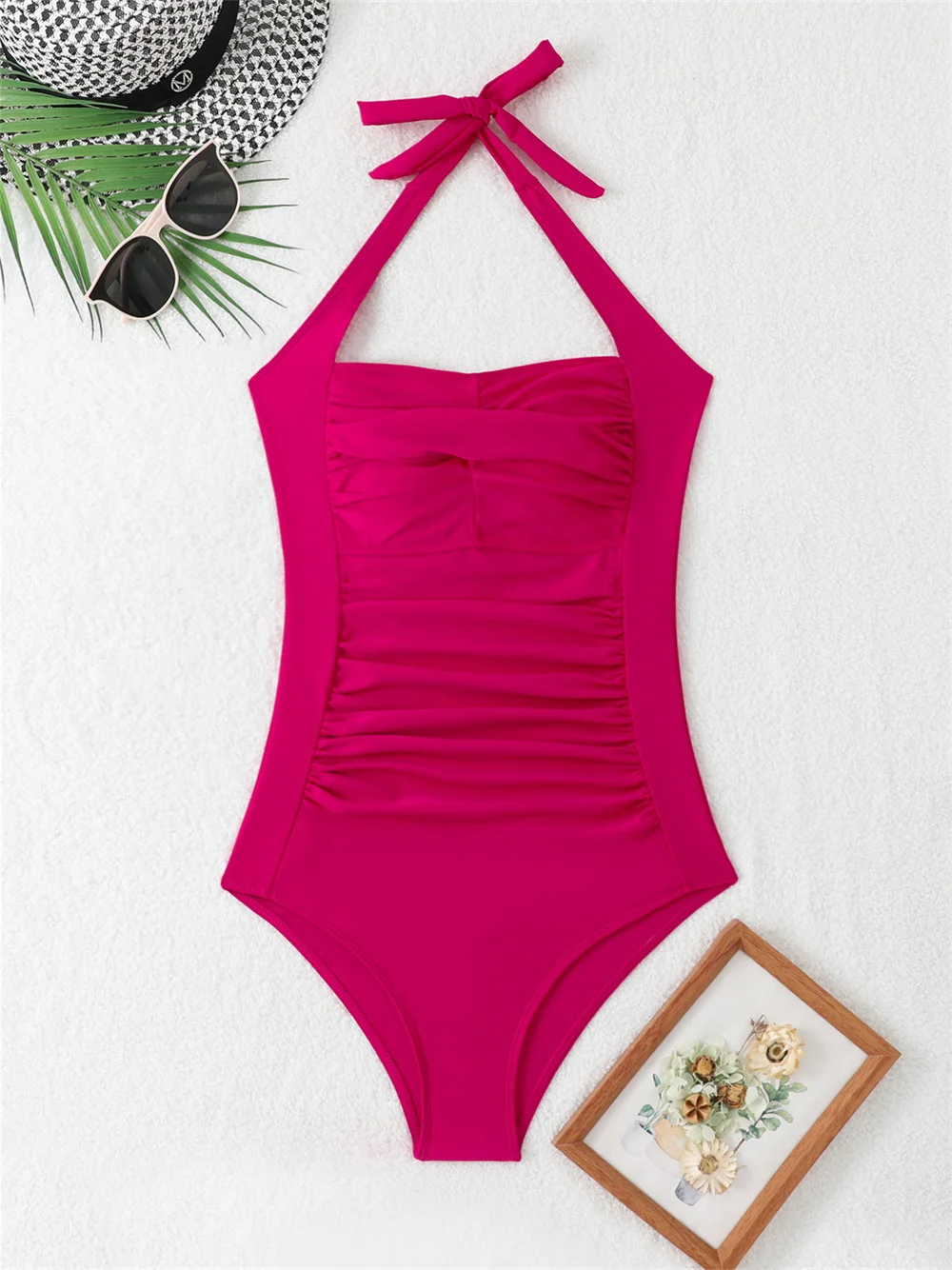 

Сексуальный бандажный бикини с лямкой на шее, плиссированный купальник, пуш-ап, открытая спина, отпускные купальники, элегантные женские пляжные наряды, купальный костюм