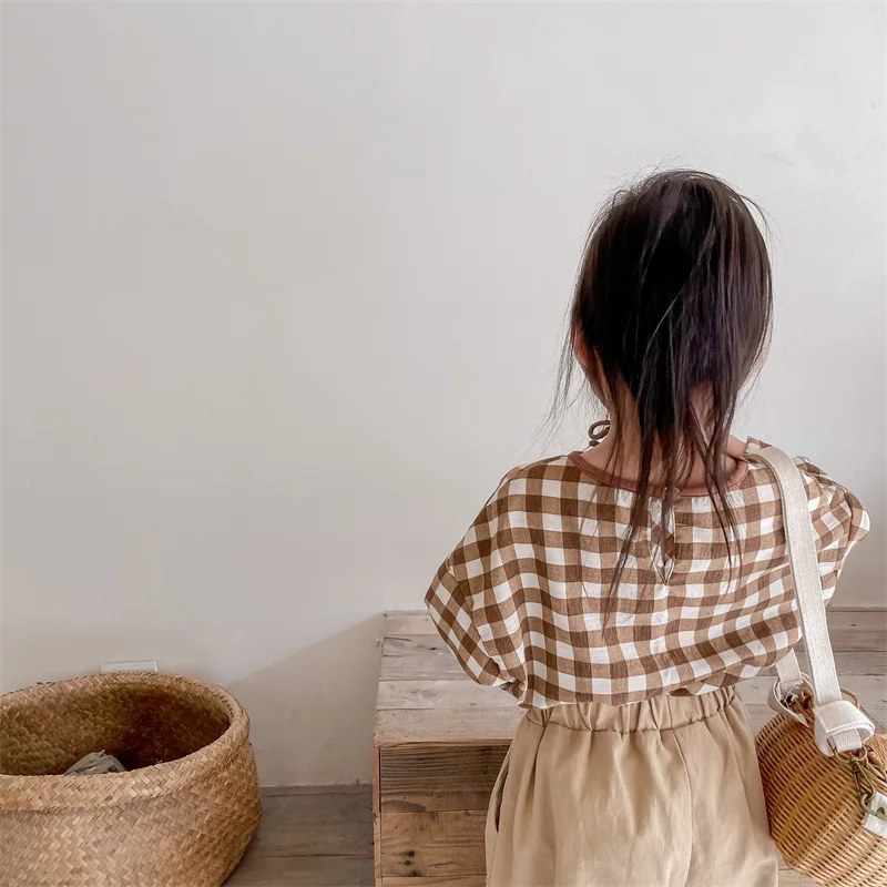 Autumn Toddler Kids Cream Brown Gingham Tee Cotton Classic Casual Short Sleeve T-Shirt with Button Pocket Chest for Boys Girls