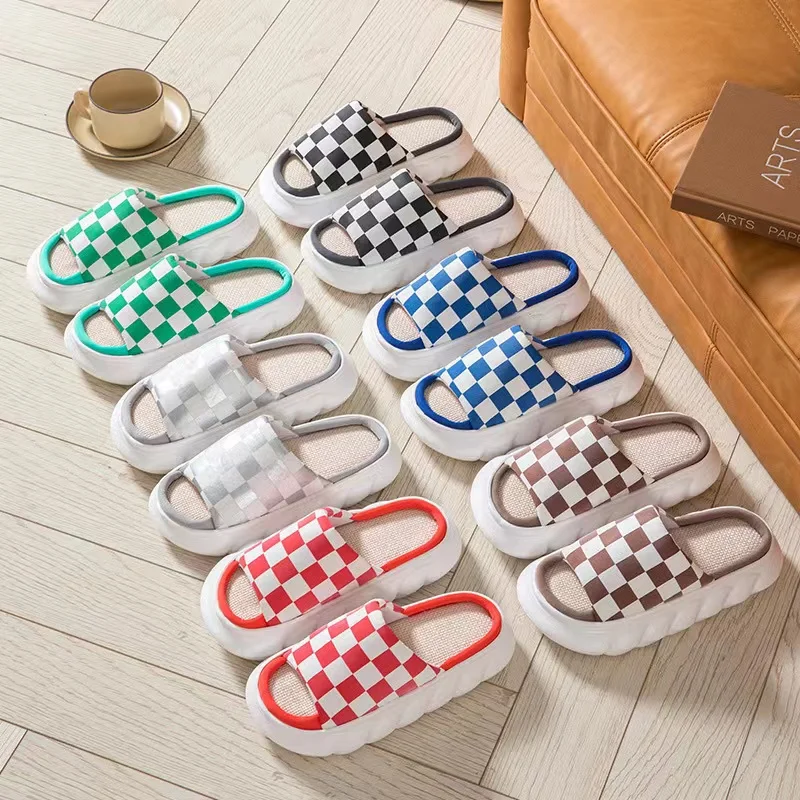 Gingham Women Indoor Slippers Floor Flat Shoes Comfort Anti-slip Home Flax Linen Slipper Unisex Female Men House Cotton Slides