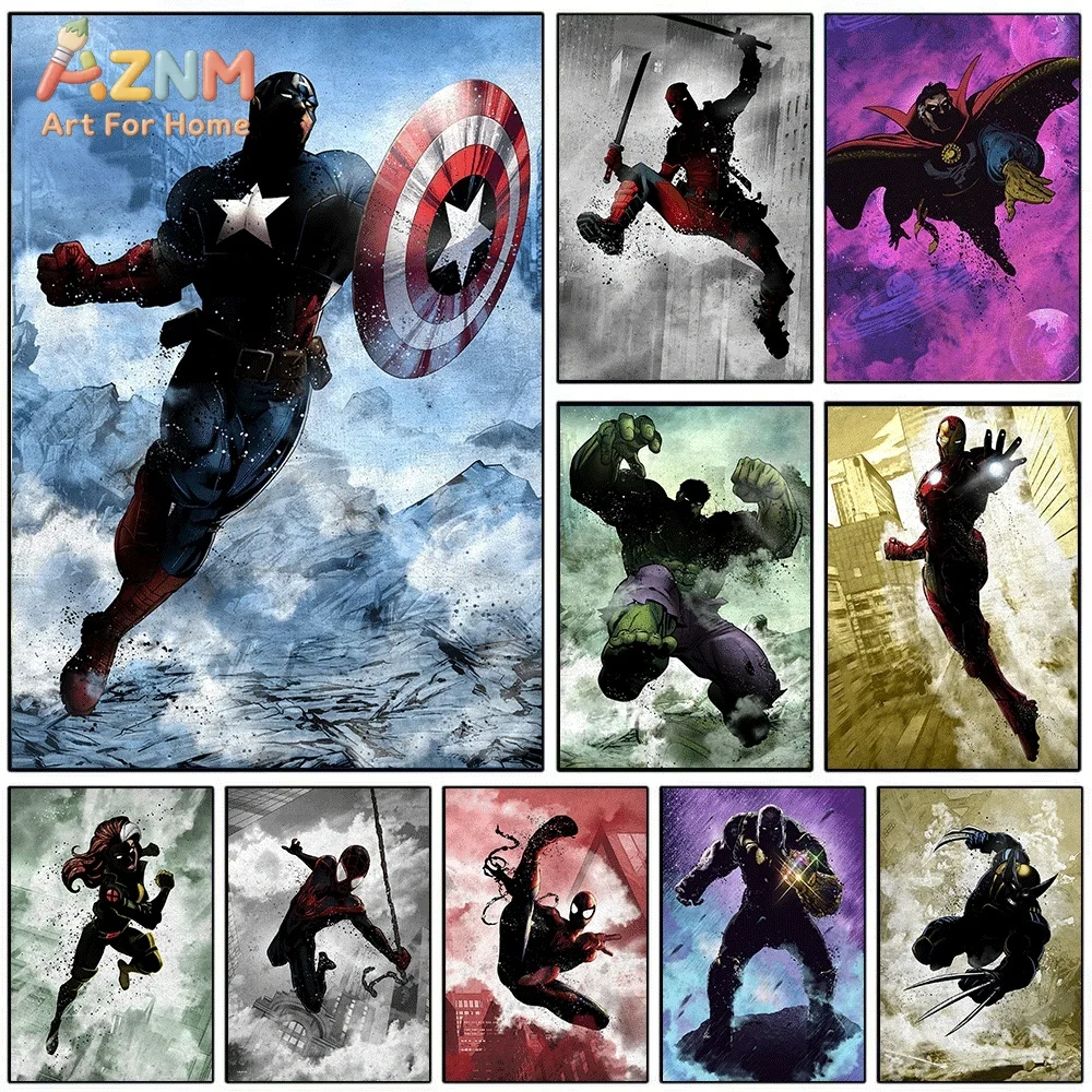 Marvel Superhero Canvas Wall Art Captain America Hulk Iron Man Spider‑Man Thanos Black Panther Watercolor Print Poster, Framel