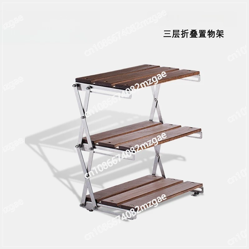 Multi-layer foldable outdoor camping desktop folding rack storage rack solid wood free installation