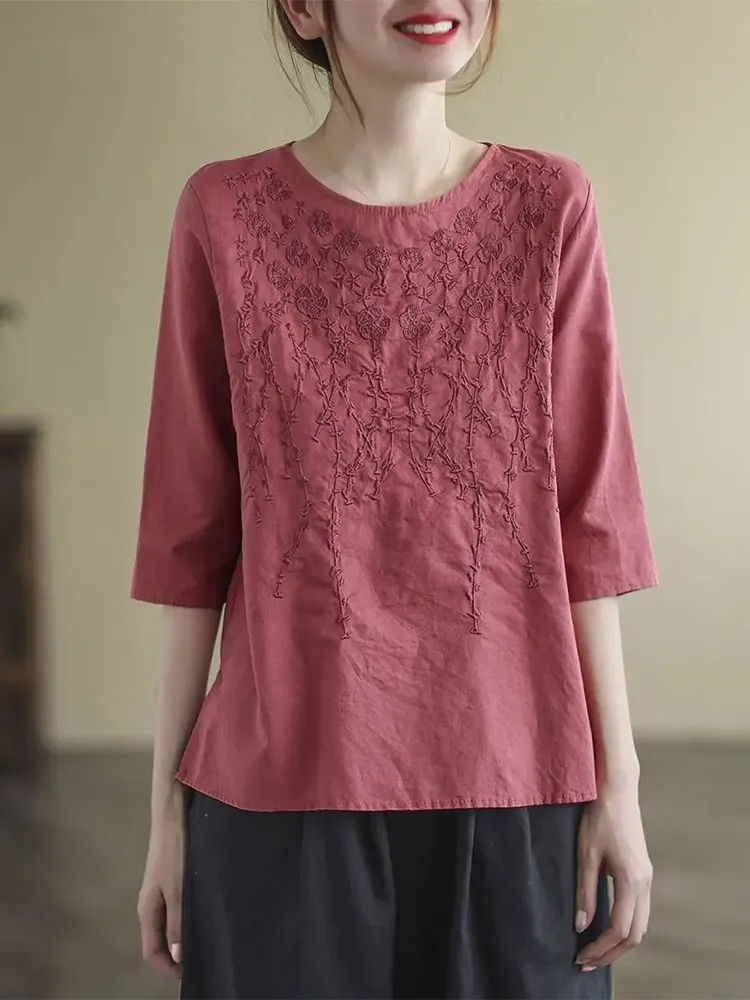 Frauen Baumwolle Leinen Casual T-shirts Neue 2022 Sommer Vintage Stil Floral Stickerei Lose Weibliche Hälfte Hülse Tops Tees B1780
