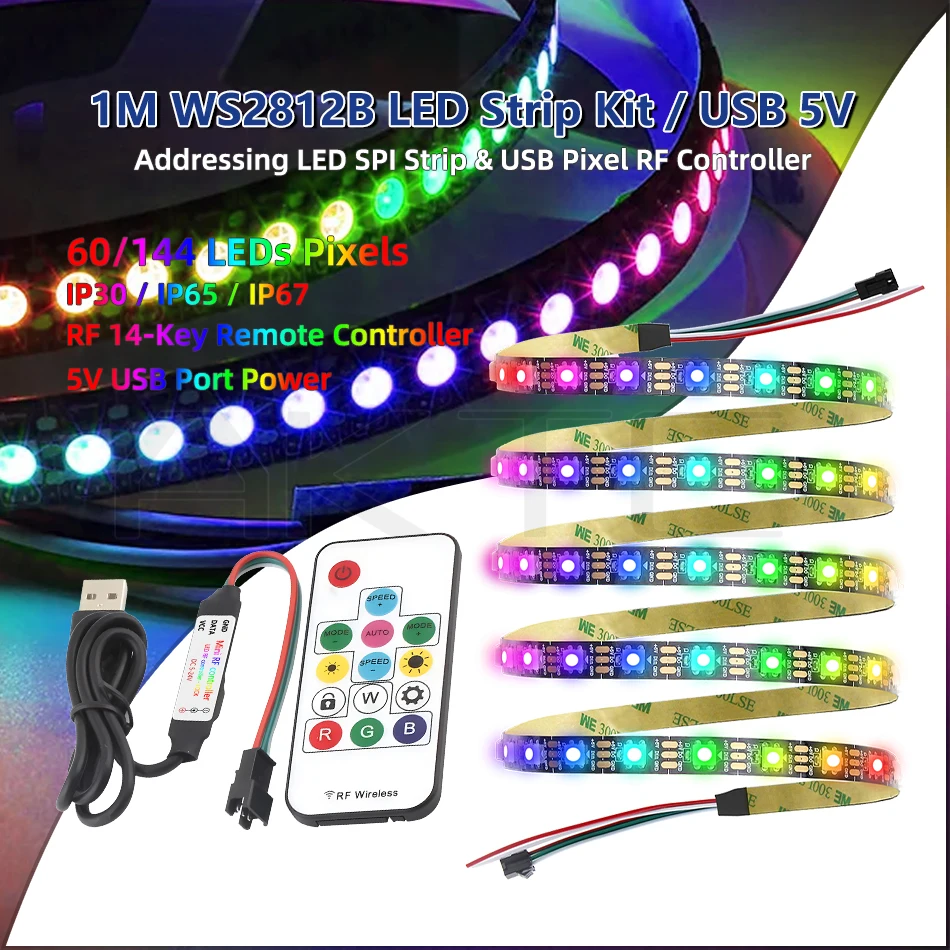 

1M USB 5V WS2812B LED Magic Color RGB 60 144 LEDs Addressable Flexible Pixel Strip Light Mini 14-Key RF Remote Controller Kit