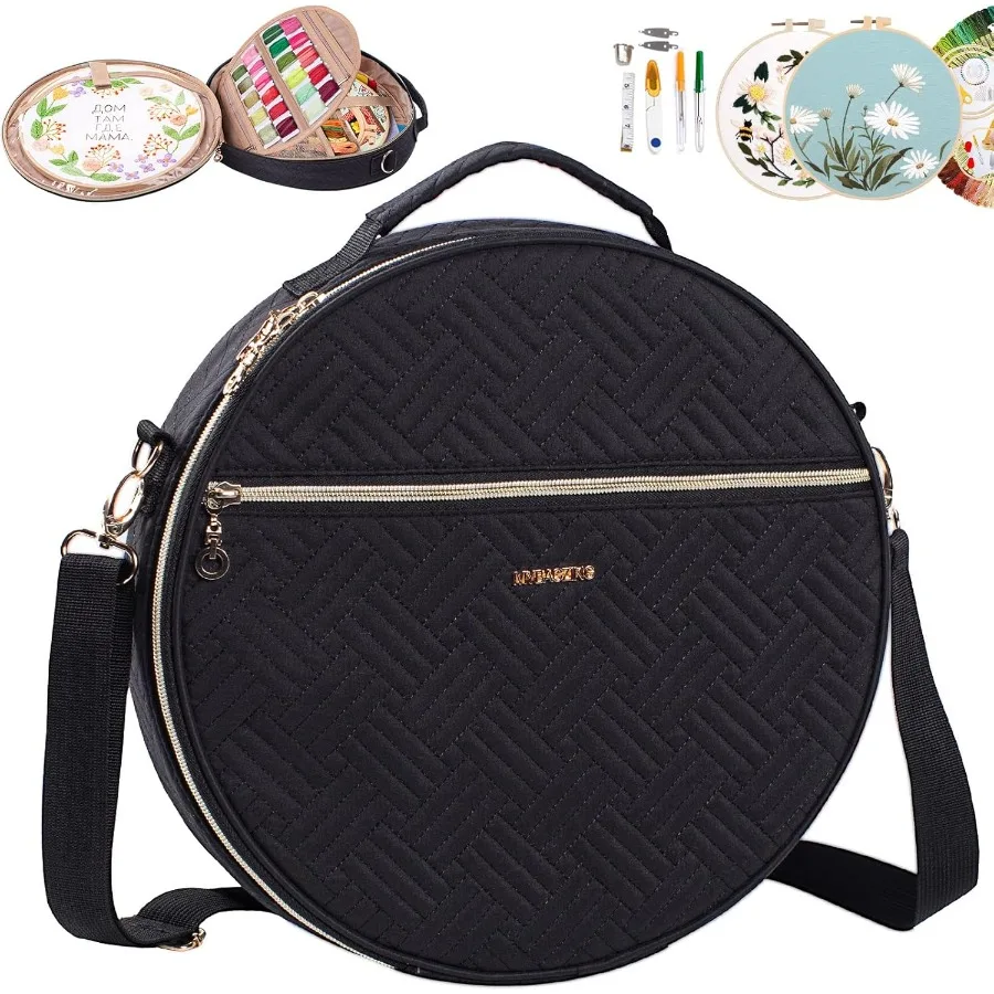 

Round Embroidery Bag with Multiple Pockets for Cross Stitch Supplies Organizer - Empty Storage Bag for Embroidery Kits and Embr