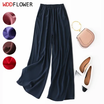 Frauen 100% Reiner Seide Dünne Lose Typ Breite Bein Lange Hosen Hosen beige schwarz navy MM002