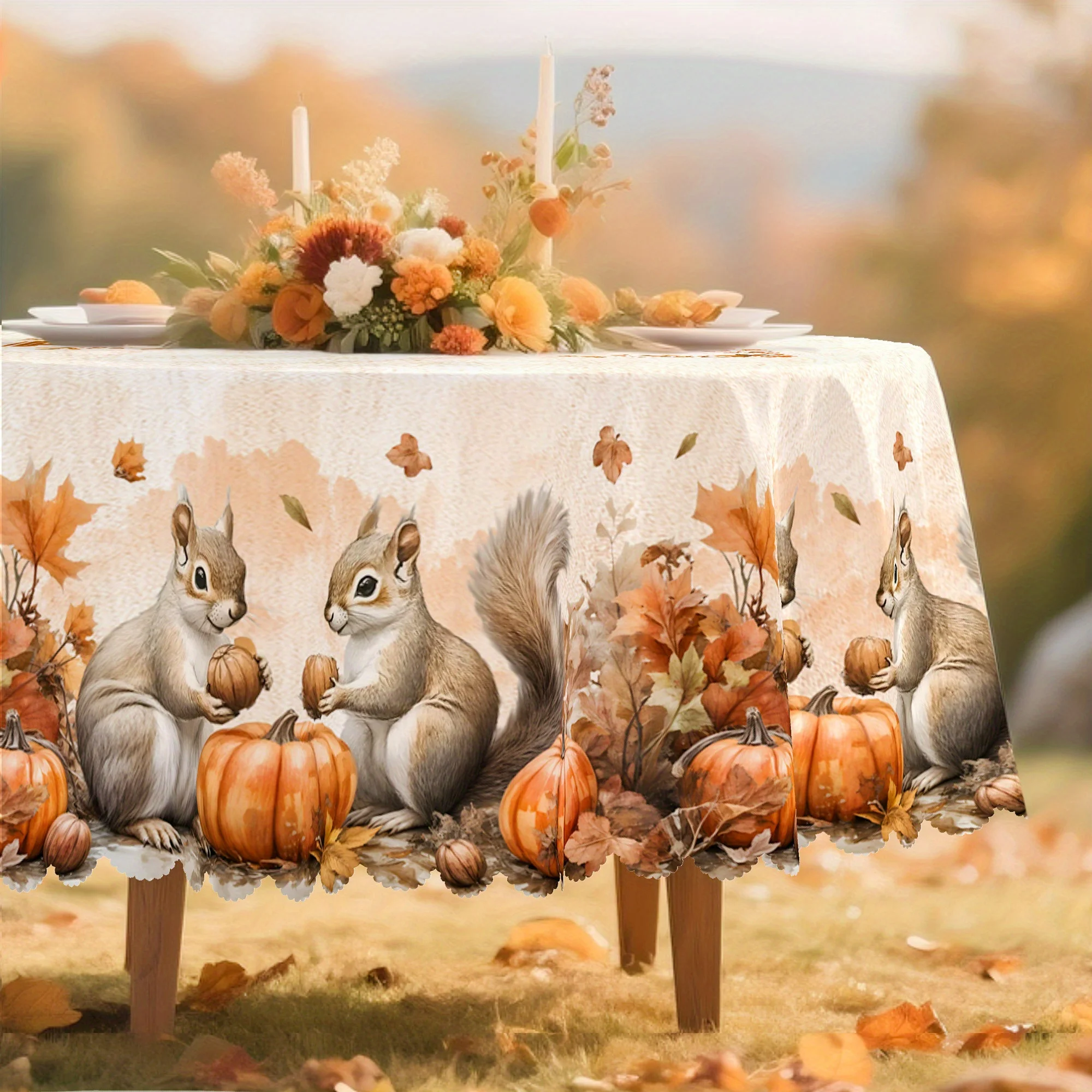 One autumnal country-style beige tablecloth with a pattern of squirrels, pumpkins and maple leaves, kdj