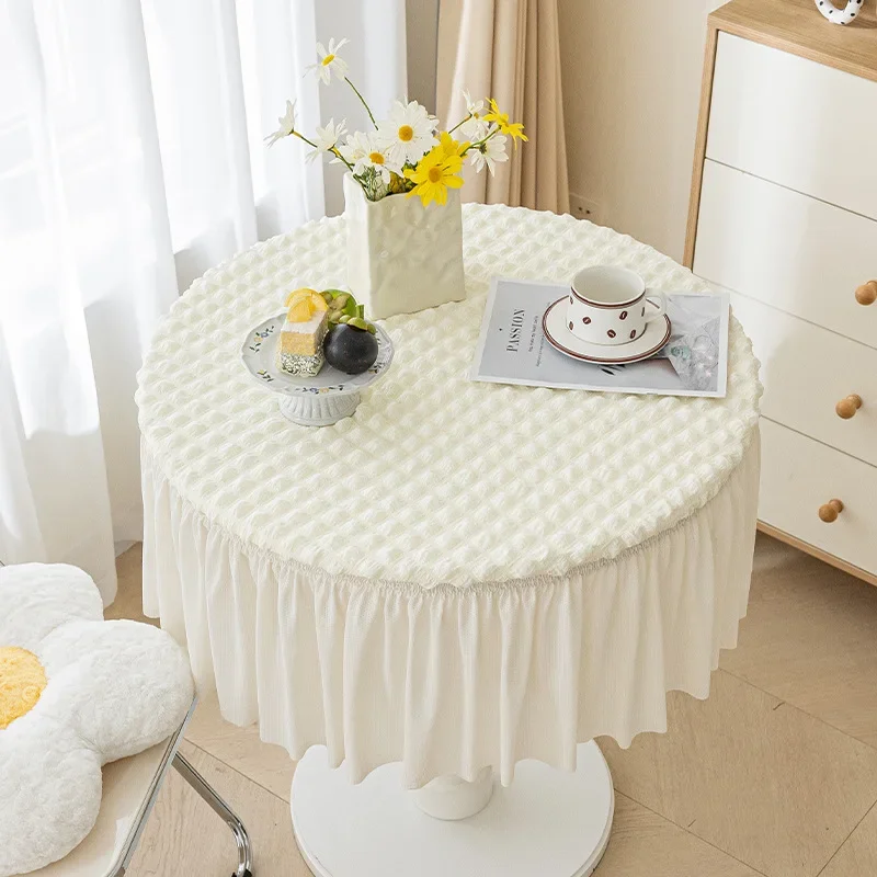 

Bubble Gauze Round Pleated Table Cover Ruffle Lace Skirt Elastic Dinning Tablecloth Protector Home Banquet Wedding Party Decor