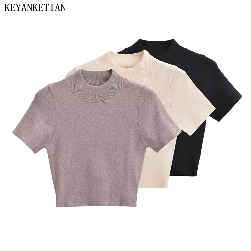 KEYANKETIAN New Women's Soft Touch Mock Neck Short Sleeve Solid Thin Knitwear High Street Fashion Expose Waist Knit Crop Top