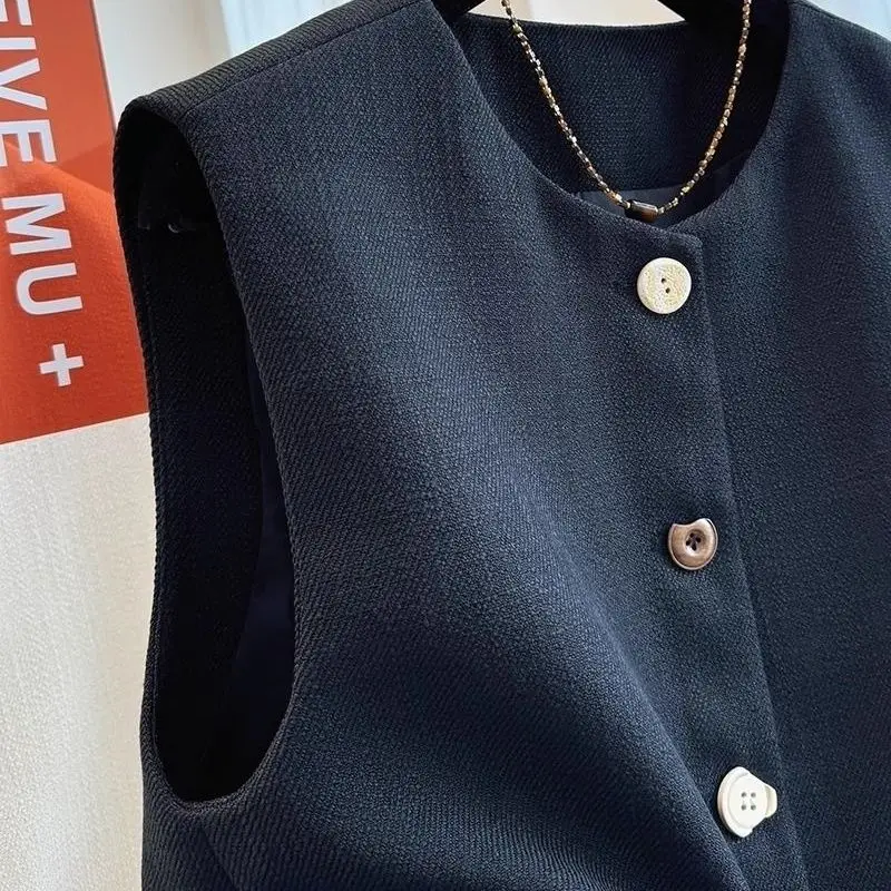 Spring Autumn Temperament Round Neck Small Suit Vest Jacket Women French Temperament Outerwear Layered Sleeveless Camisole Top