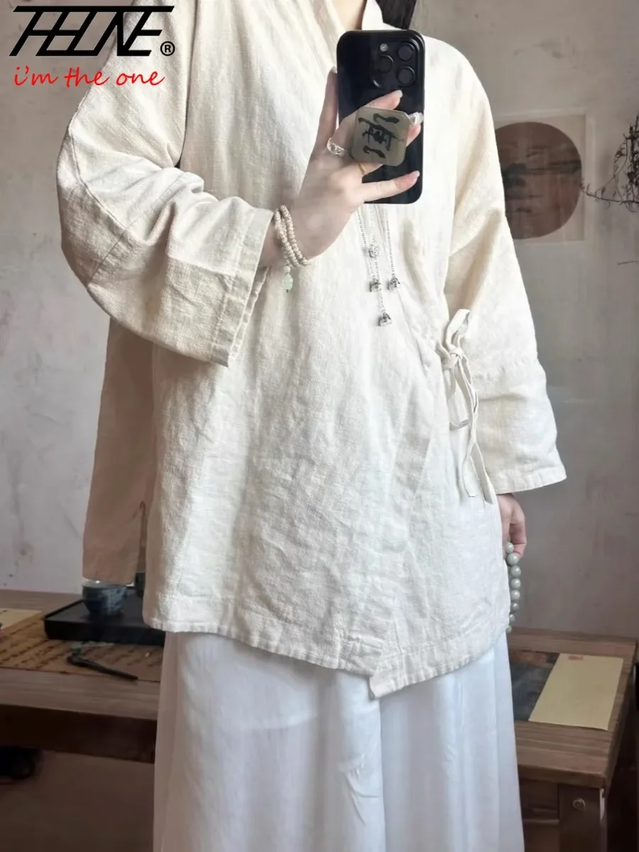 Women's Lace-Up Vintage Long Sleeve Blouse in Cotton Linen