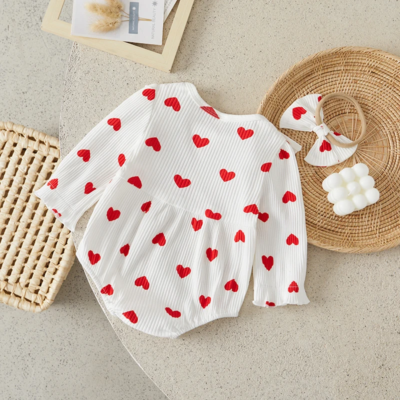 Suefunskry Baby Girls Spring Autumn Bodysuit Ruffled Long Sleeve Valentine\'s Day Heart Print Button Romper with Headband