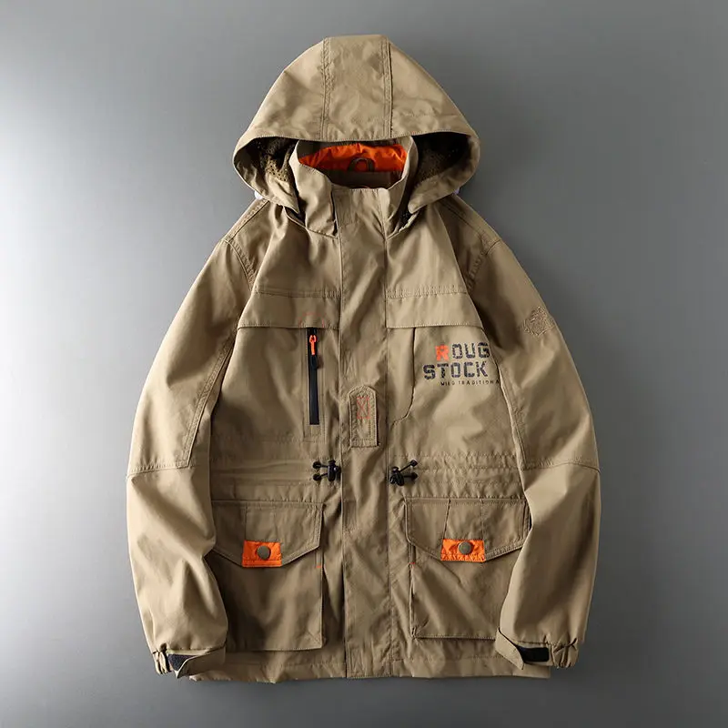 Men Bomber Jacket Hooded Outdoor Windbreaker Zipper Waterproof Pockets Coat Sportswear Spring Autumn Jacket Loose Long Sleeve