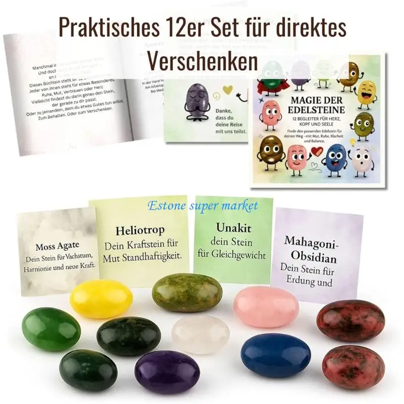 مجموعة هدايا 090B 12x من الأحجار الكريمة المحظوظة مع دليل وحقيبة تخزين للأطفال الذين يصنعون الهدايا