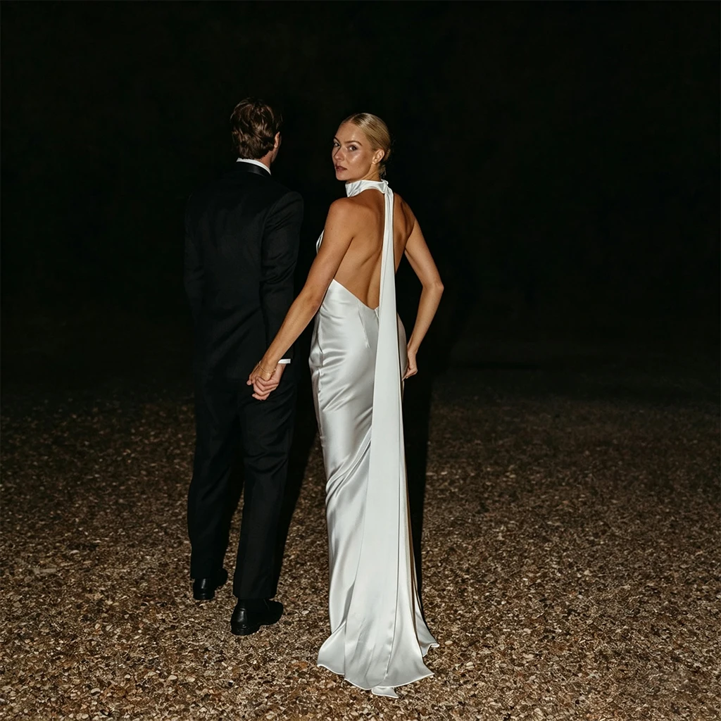 Elegantes Satin-Halterneck-Hochzeitskleid für Damen, rückenfreies Meerjungfrauen-Brautkleid mit Schnürung, bodenlanges formelles Abendkleid für Abschlussball und Party