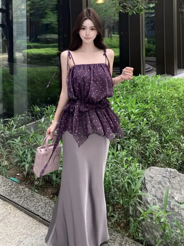 

Summer Loose Sleeveless Women's Vest with Polka Dot Sash Backless Design Outerwear Versatile Top Pure Desire Purple