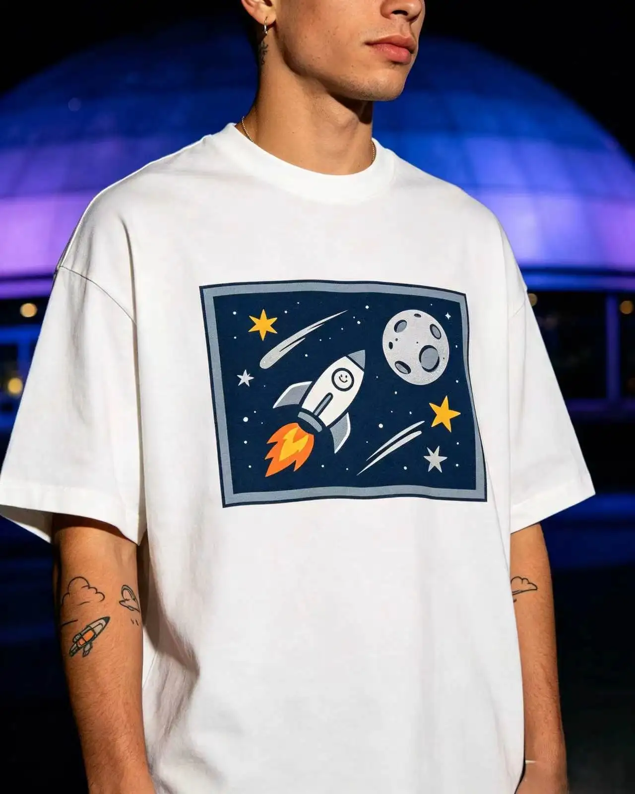 Unisex Space Rocket Moon Star Graphic T‑Shirt Men Women Vintage Cartoon Galaxy Print Oversized Short Sleeve Cotton Tee