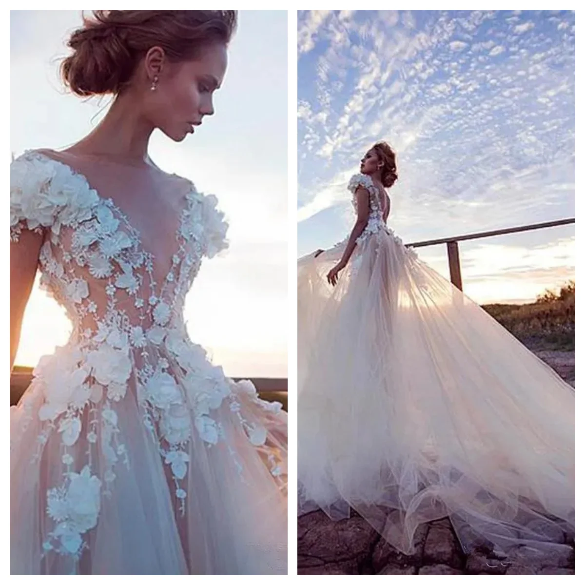 V-Neck Luxury Wedding Dress For Women 3D Floral Appliques A-Line Tulle Custom Floor-Length Beach Bridal Gown Vestidos De Novia