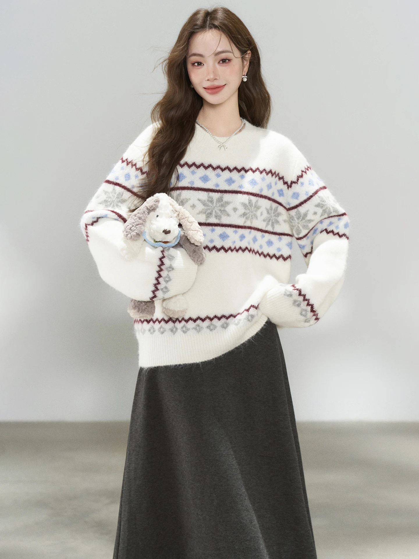 

Chic Korean Sle Women's Autumn Winter Sweater And Skirt Set Loose Fair Isle Long Sve High Waist round Ne Two Piece Set