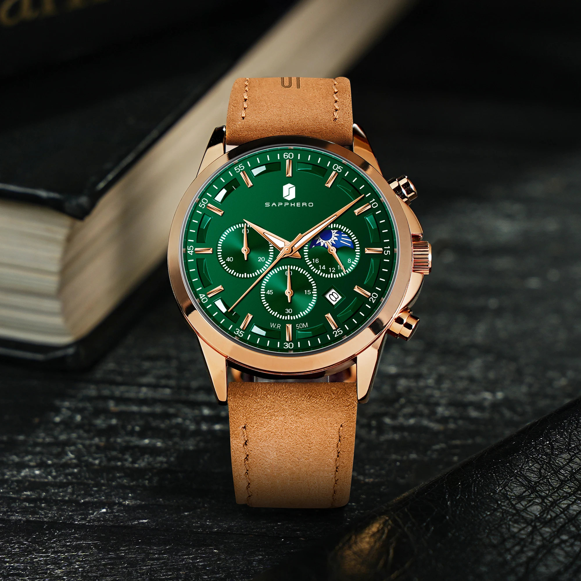 SAPPHERO Herren Chronograph Quarzuhr, 5ATM Wasserdicht, Hardlex Kristall, Lederarmband, Modische Sportuhr, Perfektes Geschenk für Männer – Detail 10