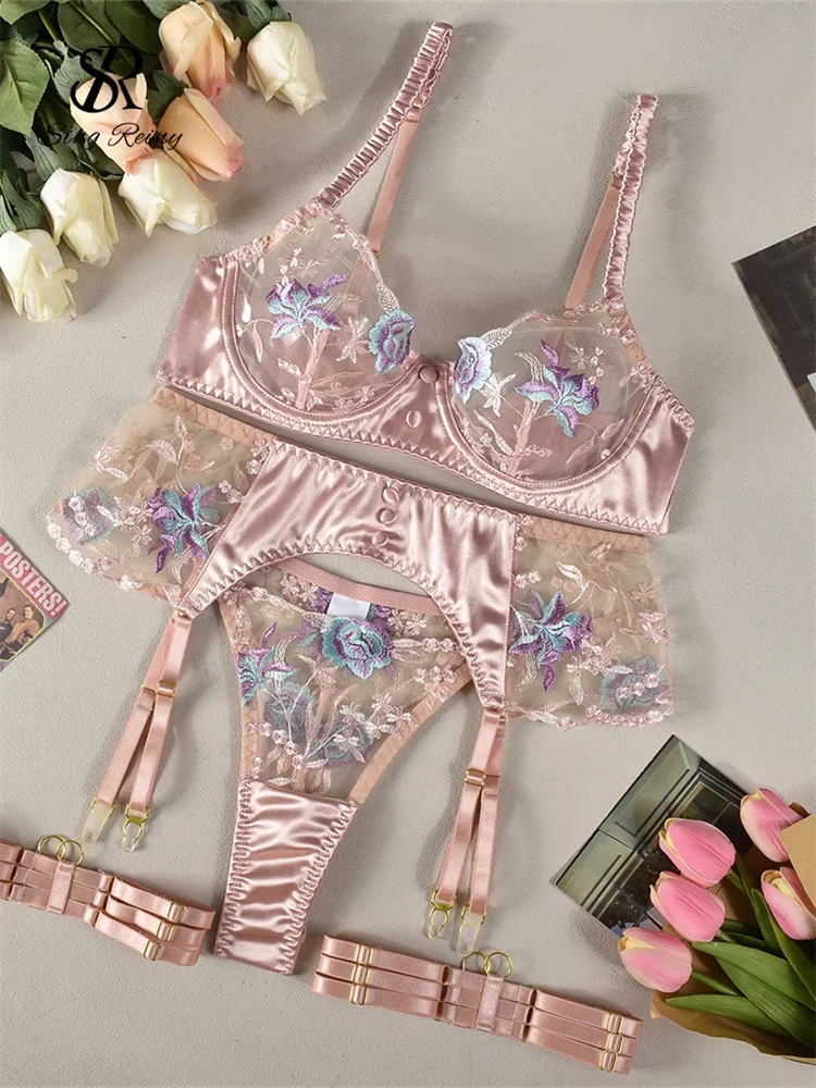 

SINGREINY Female Floral Embroidery Sensual Bra&Brief Suits Straps Club Gater Skinny Lingerie Women Spliced Sheer Underwear Sets