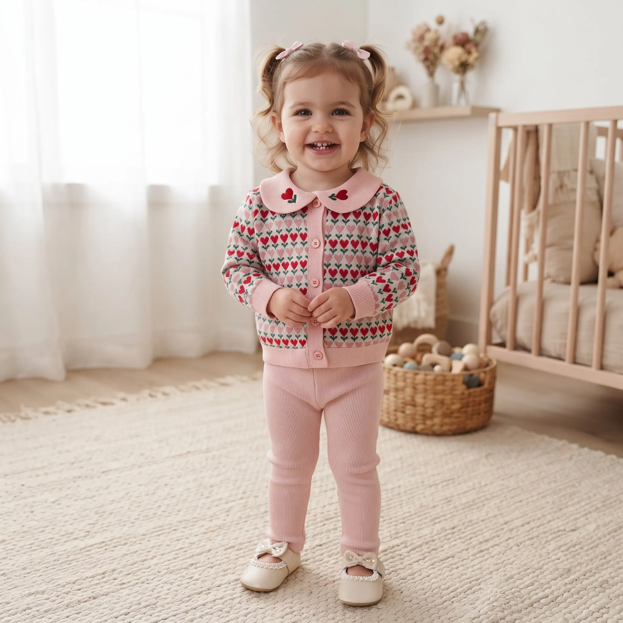 Baby Girl Heart Print Collar Cardigan 2Pcs Set Embroidered Cherry Top Pink Ribbed Flare Pants Toddler Spring Outfit