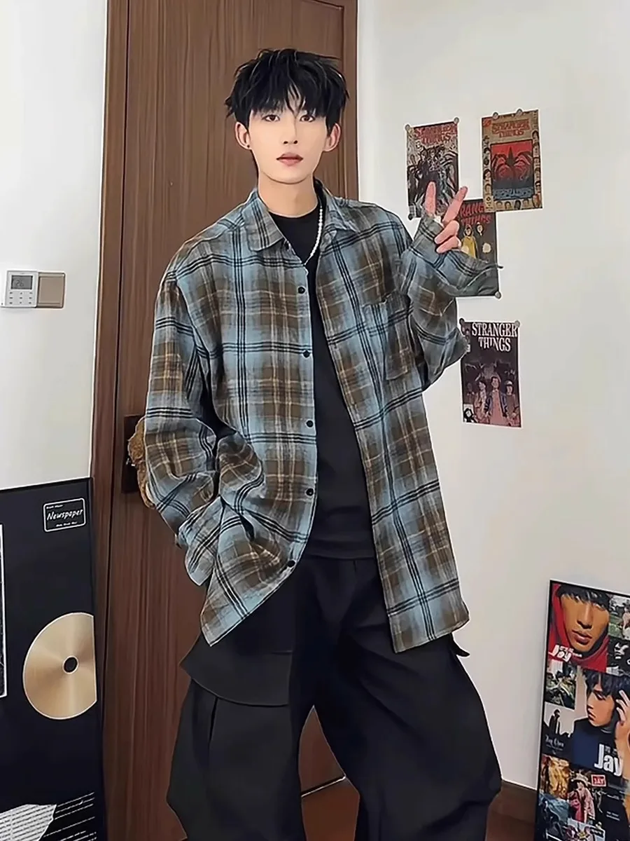 

Blue Tie Dye Plaid Men's Long Sve irt American Retro Casual Outerwear Spring 2025 New Sle Loose Fit Iron Free