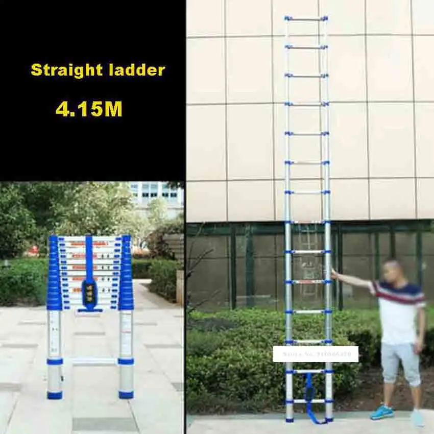 JJS511 Aluminium Alloy Single-sided Straight Ladder 4.15M 14-Step Telescopic Ladder Portable Household Extension Ladder Thicken