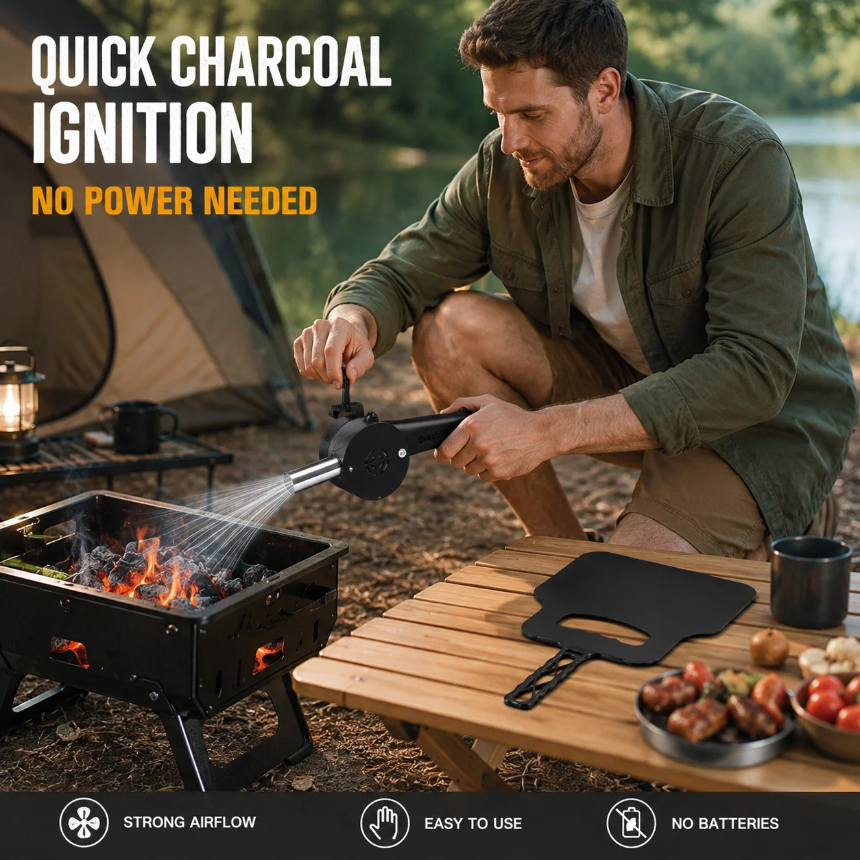 2Pcs Manual BBQ Air Blower And Hand Fan Set, Portable Charcoal Fire Starter For Grill Campfire Picnic Outdoor Cooking