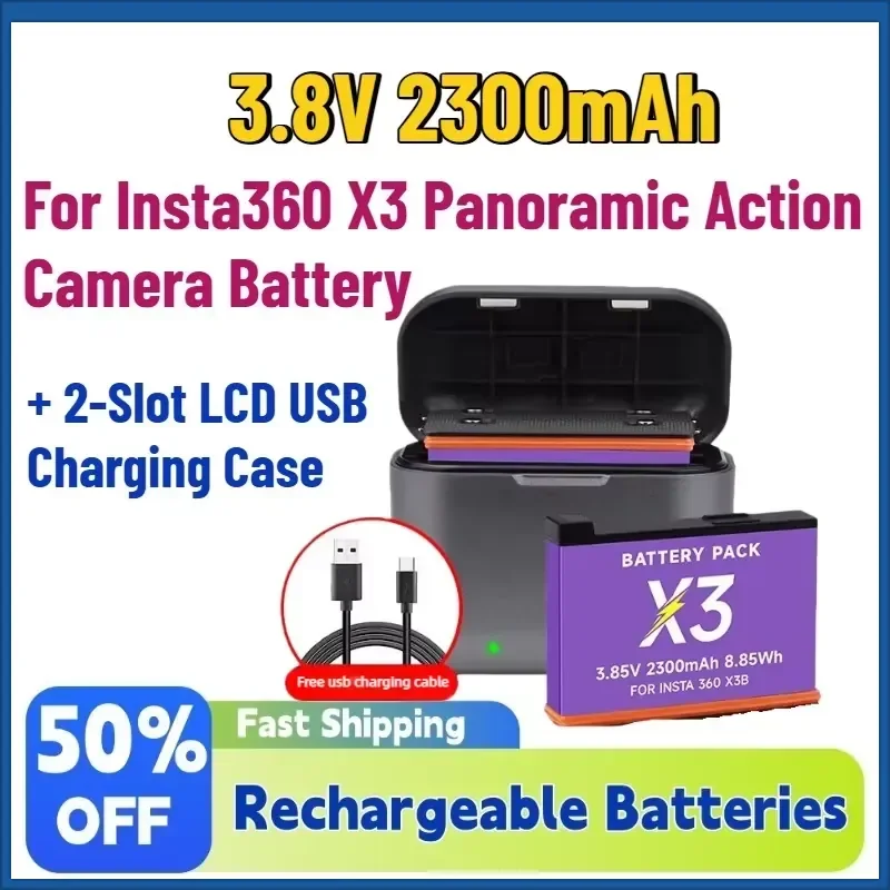 Upgrade New 3.8V 2300mAh Rechargeable Batteries for Insta360 X3 Panoramic Action Camera Battery + 2-Slot LCD USB Charging