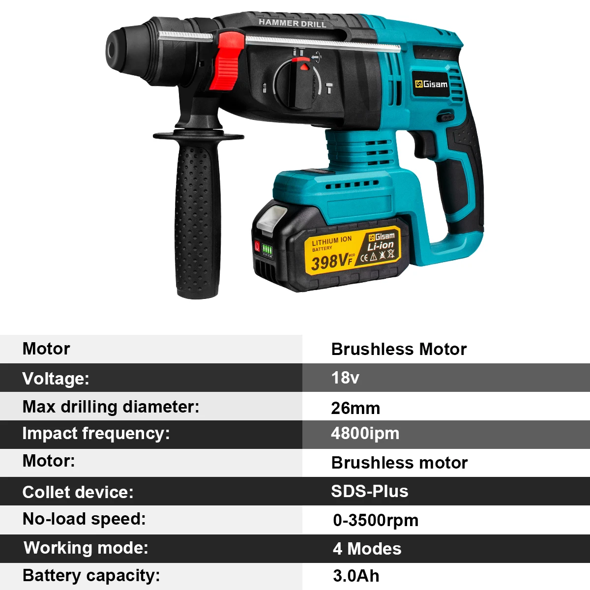 Gisam 26MM Brushless Electric Hammer Drill Multifunctional Cordless Rotary Hammer Impact Drill Power Tool For Makita 18V Battery