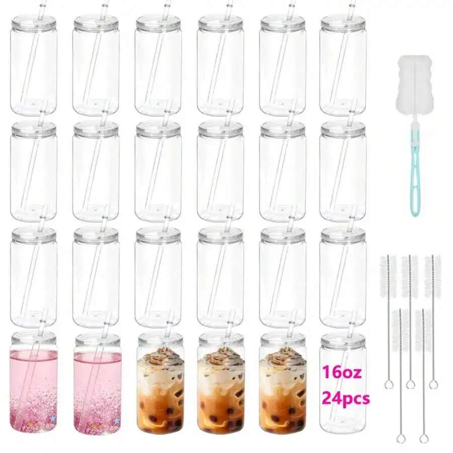 24-Pack 16oz Clear Plastic Snow Globe Jars - Single Layer Tumbler Set With Lids, Straws & Funnel | For DIY Gifts, Cold Drinks &