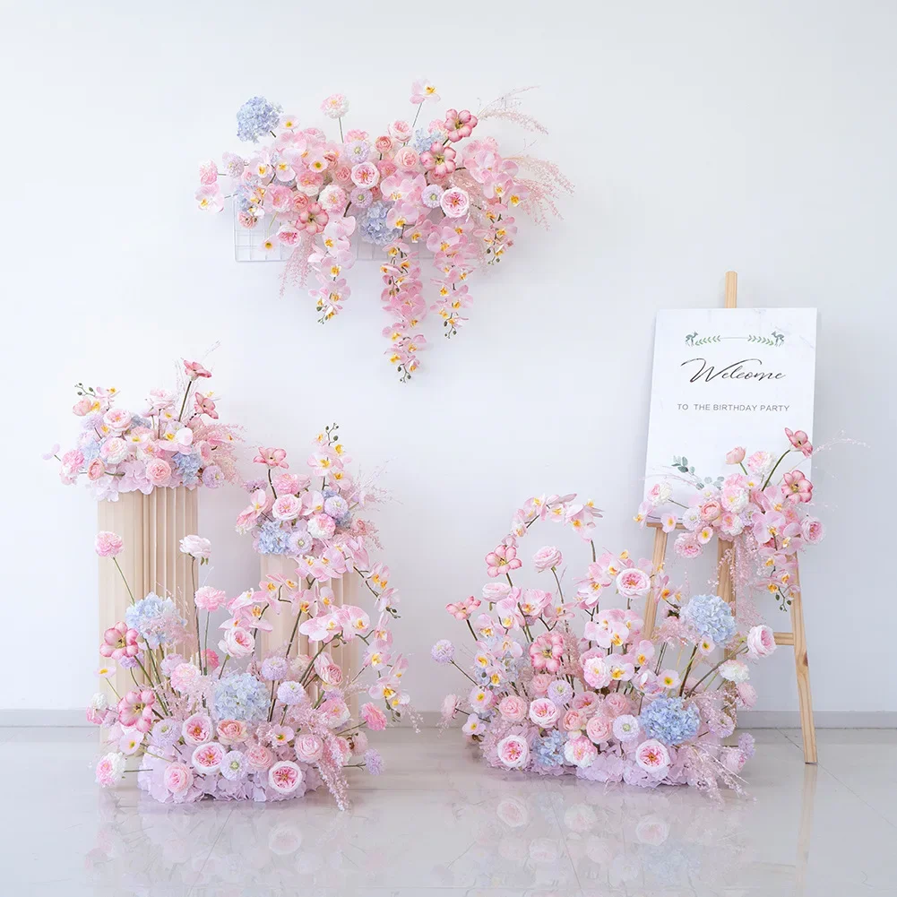 Wedding pink series finished row road wedding hall layout floor row simulation silk flower decoration