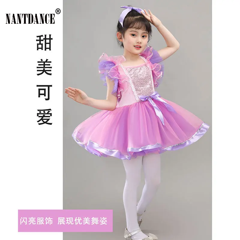 Kids Ballroom Clothing Sequined Tulle Party Prom Dresses For Girl Gown Children Evening Dresses Pink Girls Modern Dance Dress