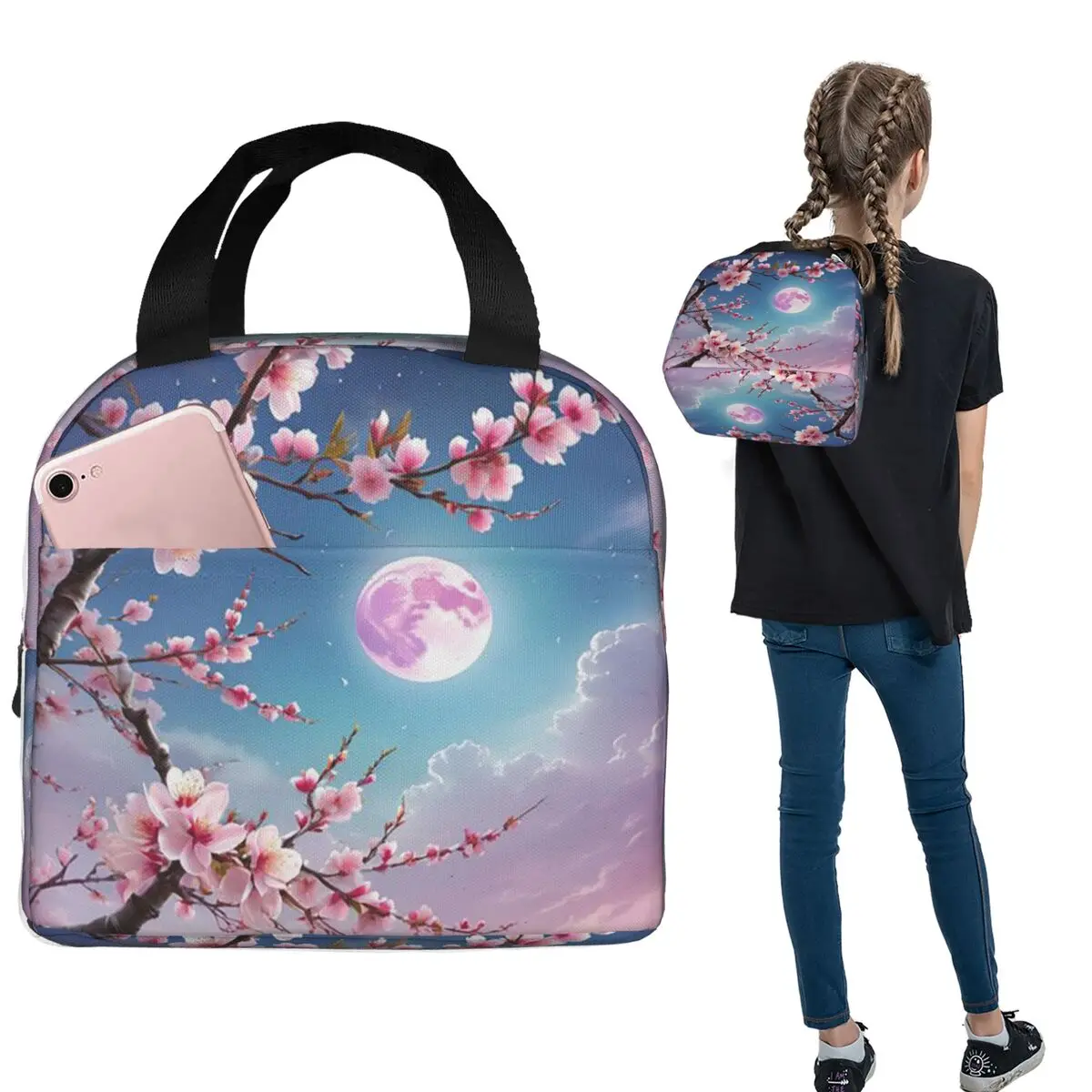 Sakura Cherry Blossom Japanese Flowers Insulated Lunch Bag for Women Children Portable Food Boxes Thermal Lunch Box Tote