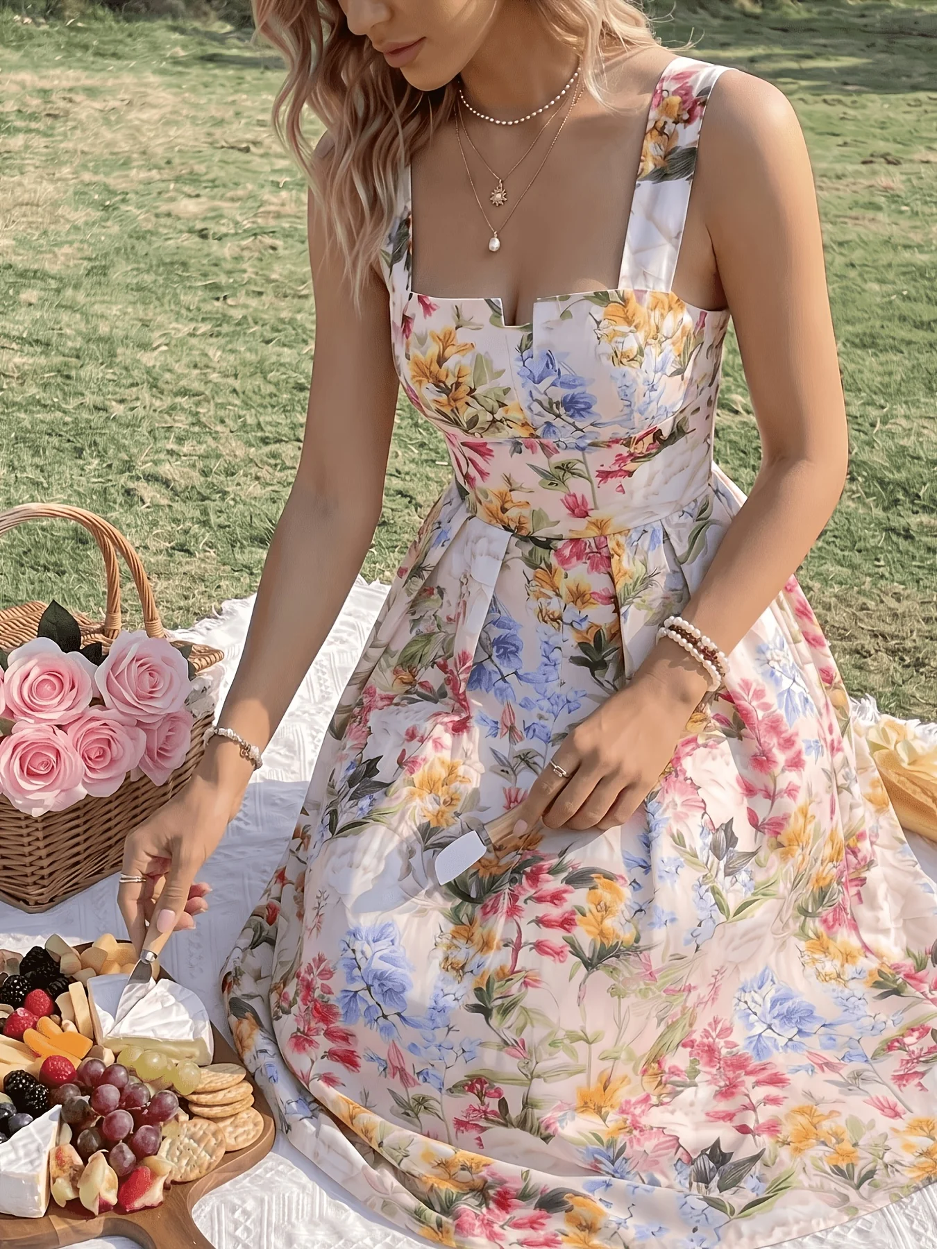 Damenmode Frühling und Sommer Neues Teepausen-Kleid mit Blumenmuster Elegantes Picknick-Kleid – Detail 3