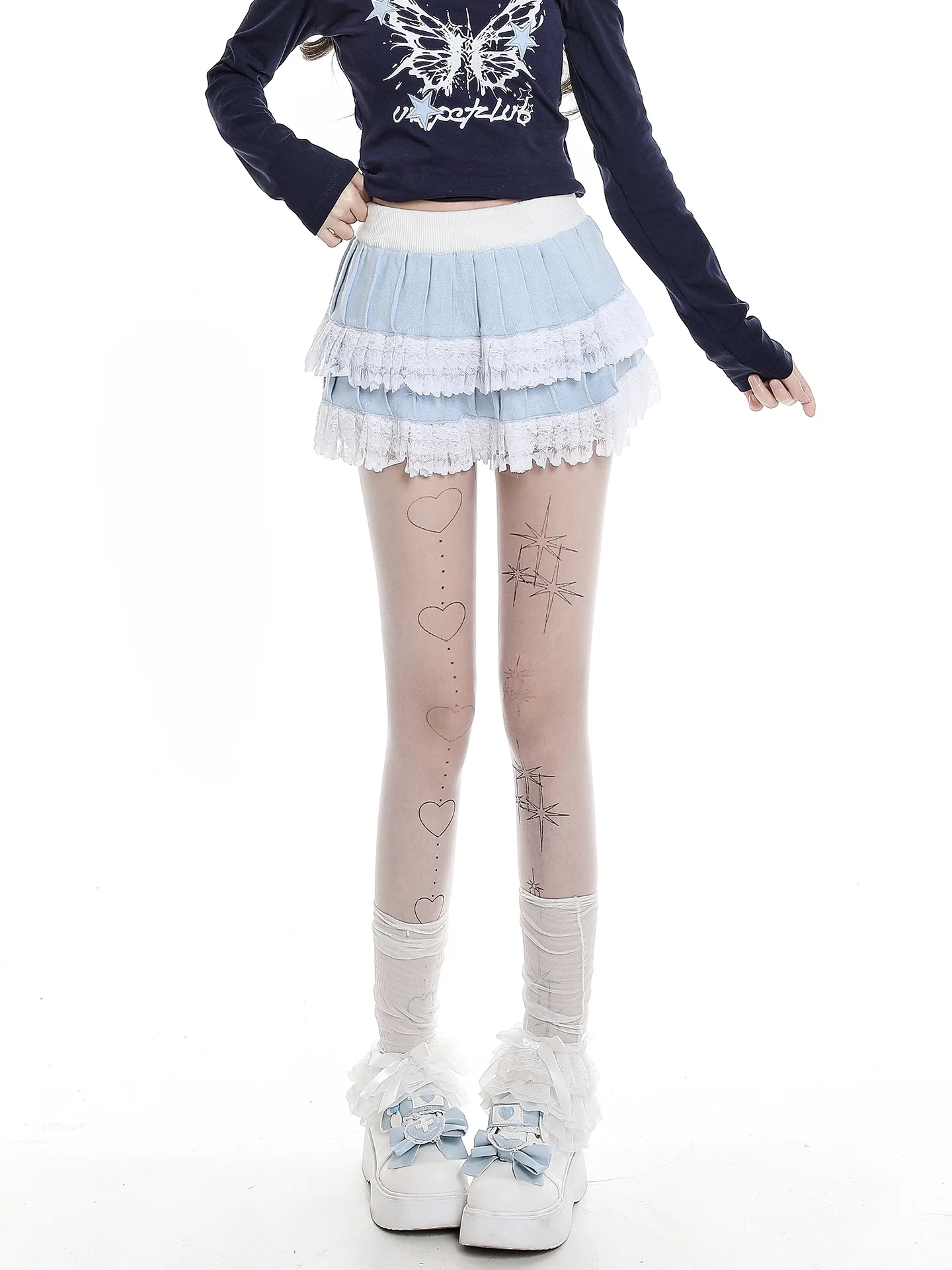 mjmt-バレエ風フリル裾ショートスカート-レディース-スイート-ハイウエスト-aライン-ふわふわミニスカート-トレンド-レース生地-ヴィンテージ風