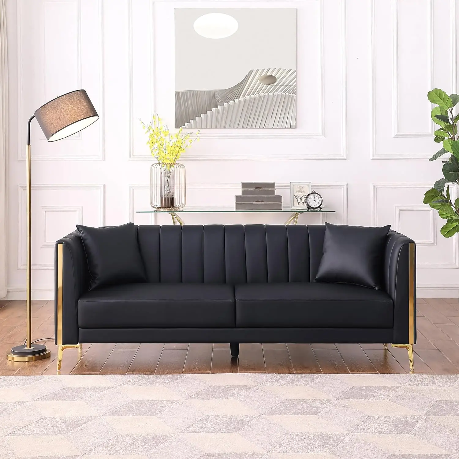 78'' Sofa Faux Leather 3 Seater Sofa with 2 Throw Pillows and Gold Metal Legs, Deep Seat Sofas for Living Room (Black) image 5