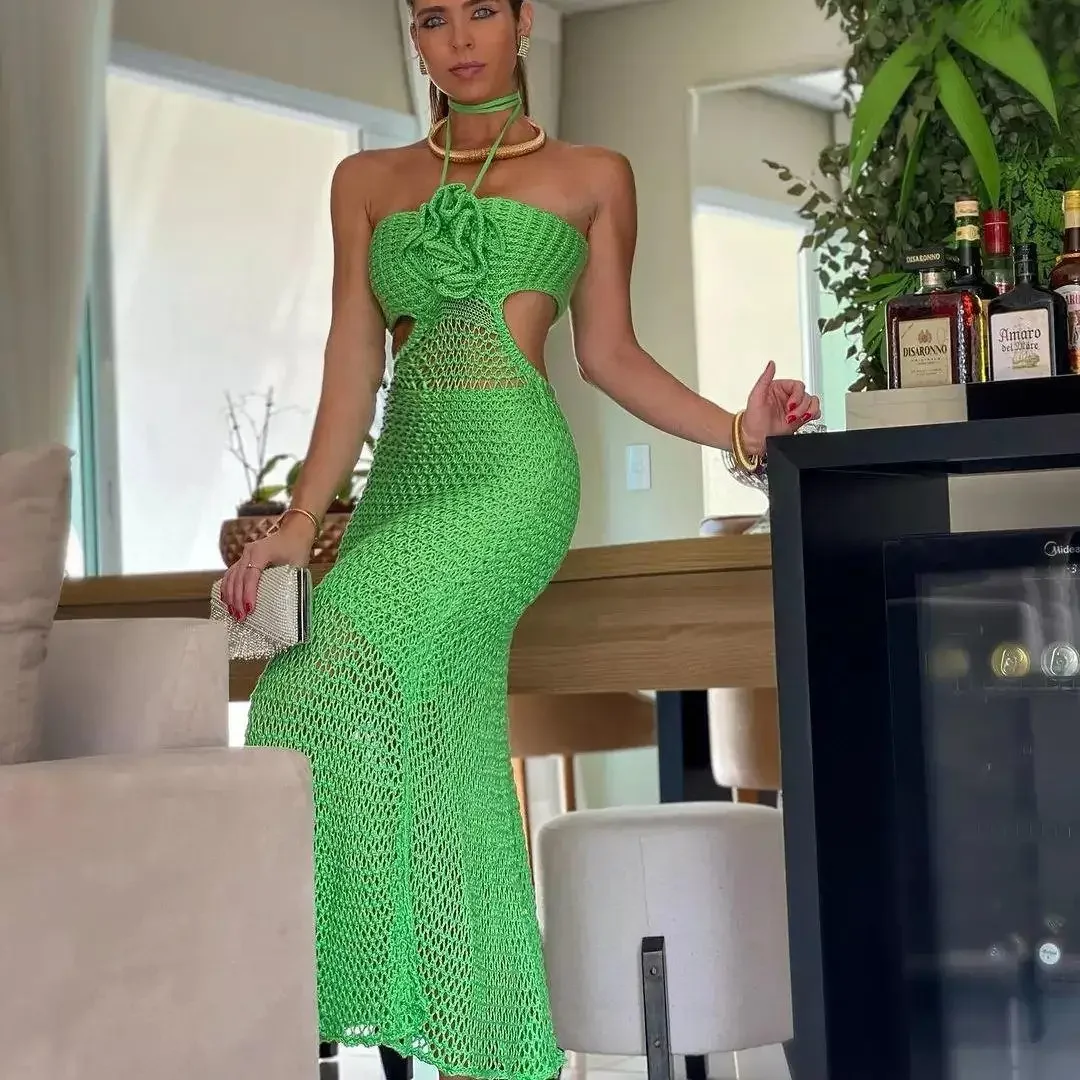 Sexy Halter 3D Flower Slim Long Dress Backless Boho Beach Knitted Dresses Women Hollow Out Vacation Evening Party Dresses Design