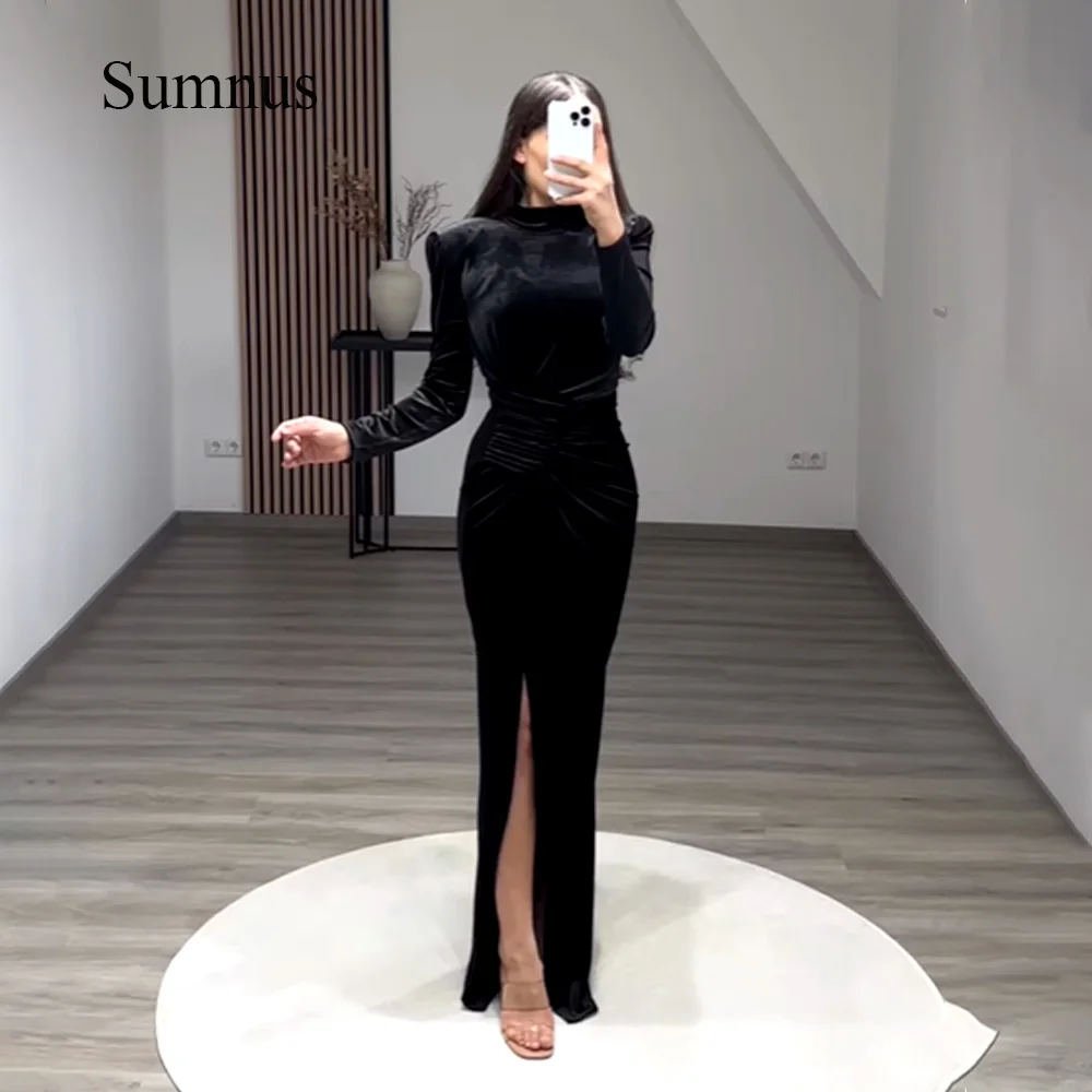 

Sumnus Black Long Sleeve Mermaid Evening Dresses Side Slit High Neck Velvet Arabia Muslim Formal Wedding Party Gown Floor Length