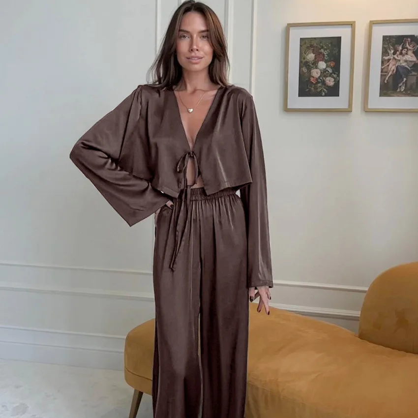 Summer Silk Satin Soft Brown Long-sleeved Shorts Suit Cardigan Tie Home Clothes Casual Sleepwear 2PCS Women's Pajamas Nightwear