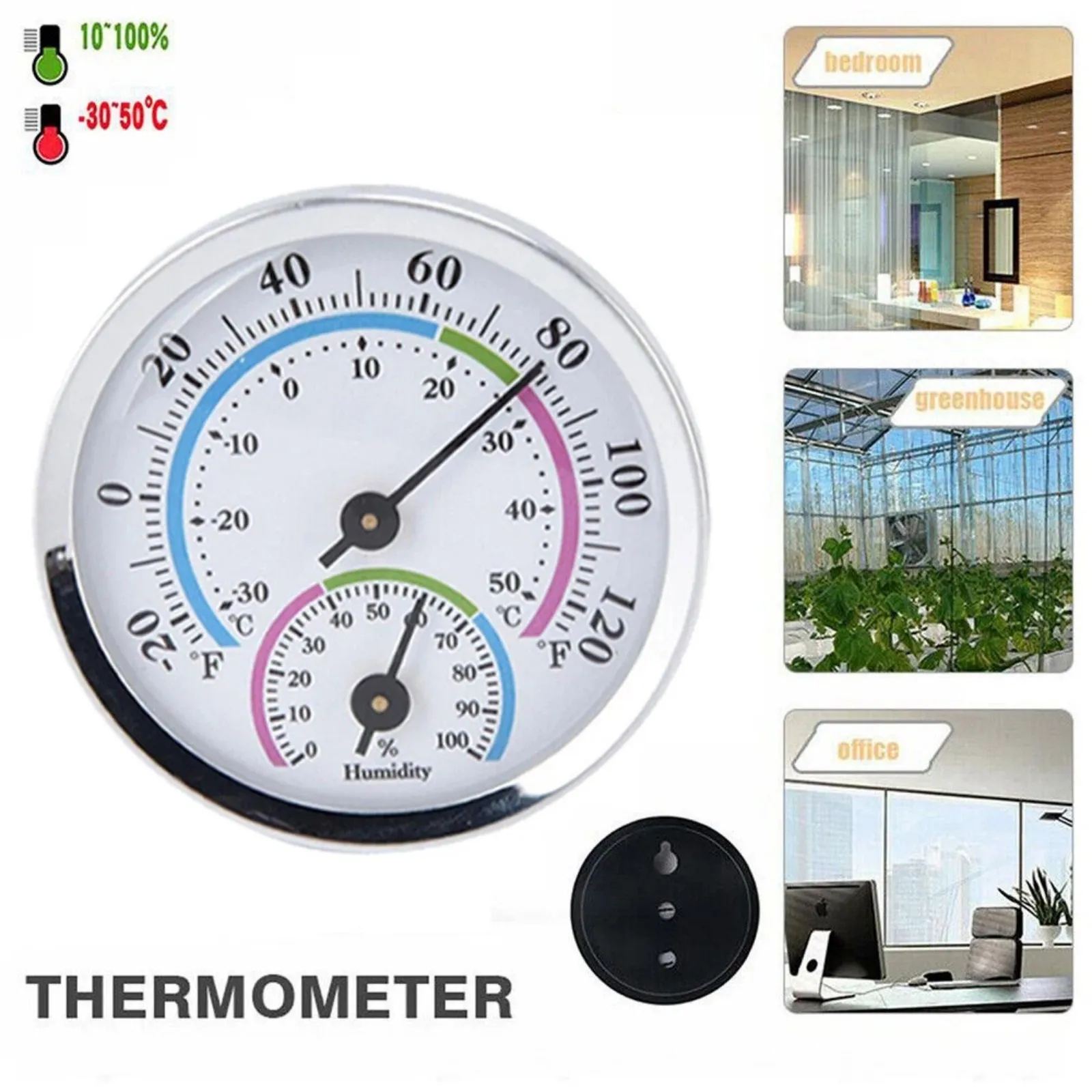 2-in-1 Thermometer Hygrometer Mechanical No Battery Aluminum Alloy -30~50℃ / 0~100%RH Celsius & Fahrenheit for Home Office 2 PCS