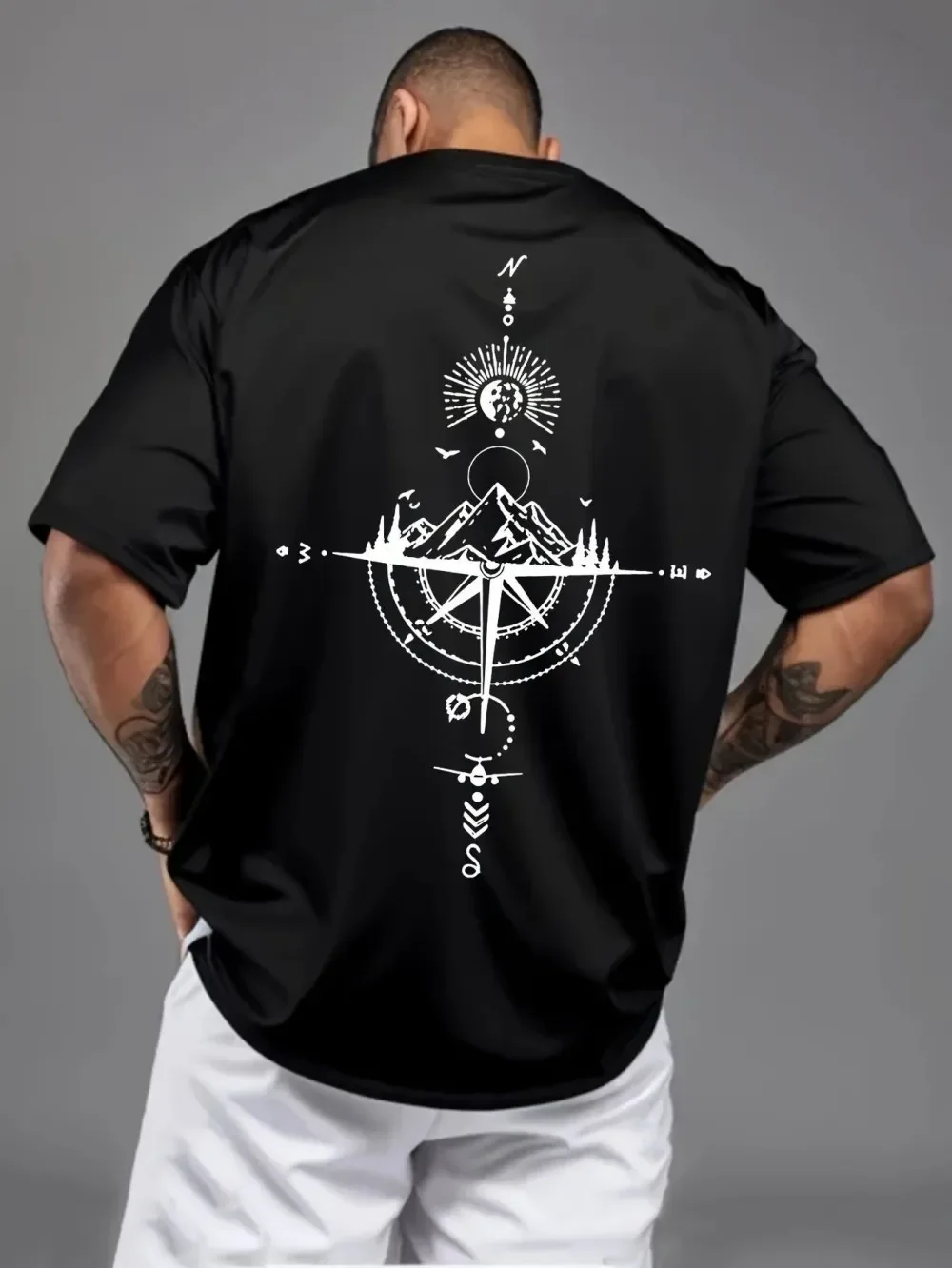 Summer Casual Men's T-shirt Retro Compass Printed Comfortable O-Neck Short Sleeve Tee Daily Fashion Polyester Fabric Men Clothes