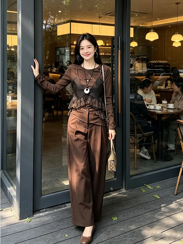 Elegant Small Size Women's Fashion Set Long Sleeve Wide Leg Pants Two-Piece Suit Autumn New Style Casual Fit High Waist