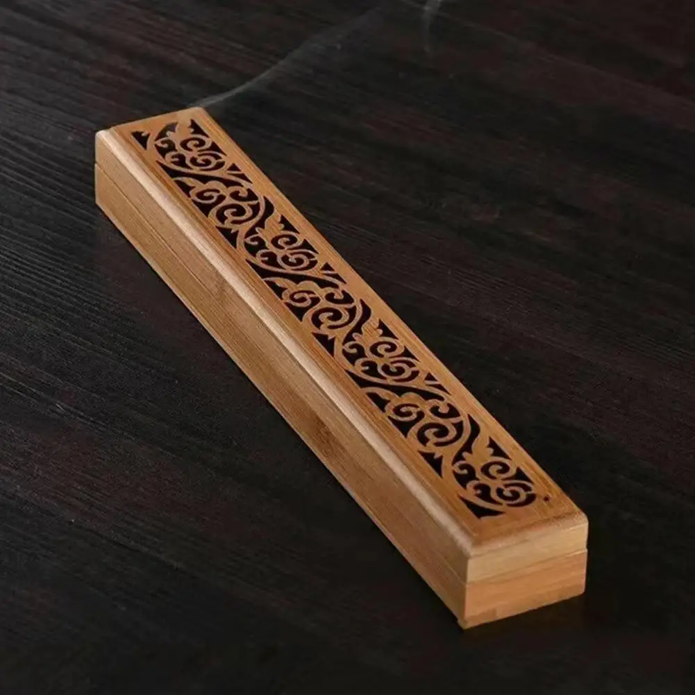 Natural Bamboo Incense Burner With Laying Plate Aromatherapy Wooden Box For Incense Storage Burning Hollowed Line Incense Box ﻿