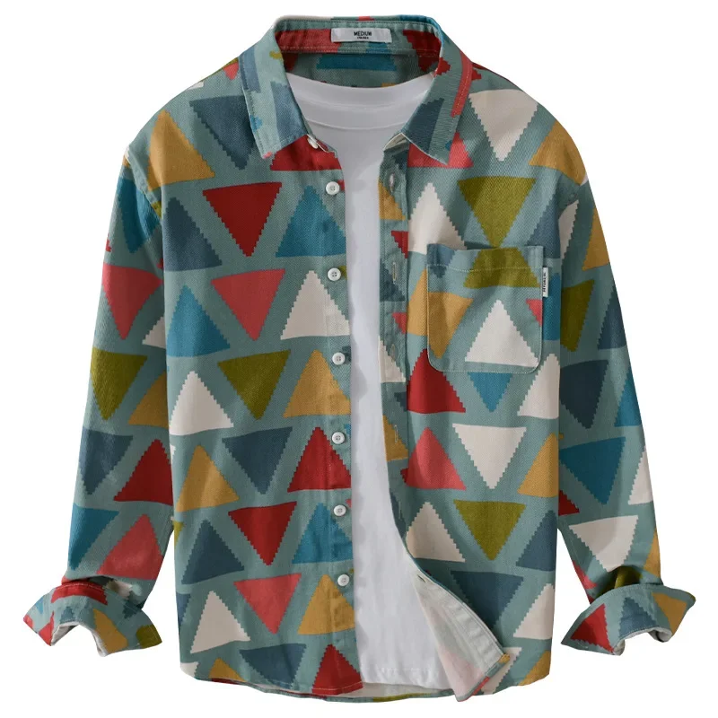 2024 Spring Autumn Fashion Men's Colorful Printed Long-sleeved Shirt Style Geometric Chic Street Top