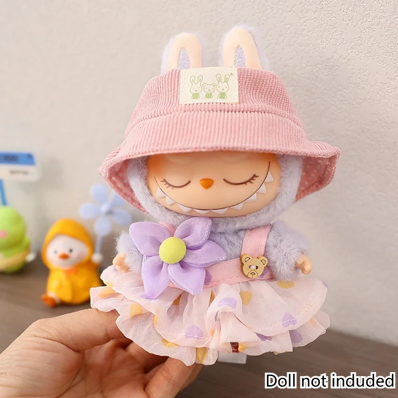 Voor 17 cm Labubu Pop Outfit Gerimpelde Rok Bloem Haarspeld Set Visser Hoed Labubu Kleding Ropa Labubu