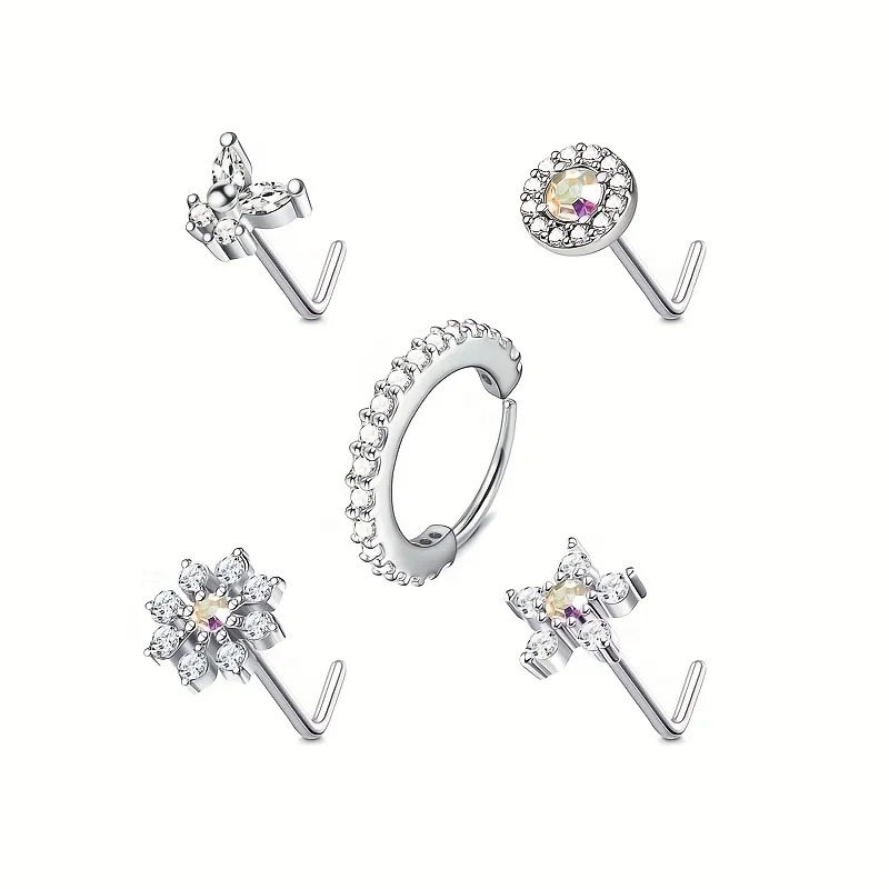 الفولاذ المقاوم للصدأ الأنف خواتم للنساء والفتيات ، مسمار الأنف ، مسامير الأنف ، فراشة ، زهرة ثقب المجوهرات ، L على شكل ترصيع ، 20 جرام ، 5 قطعة