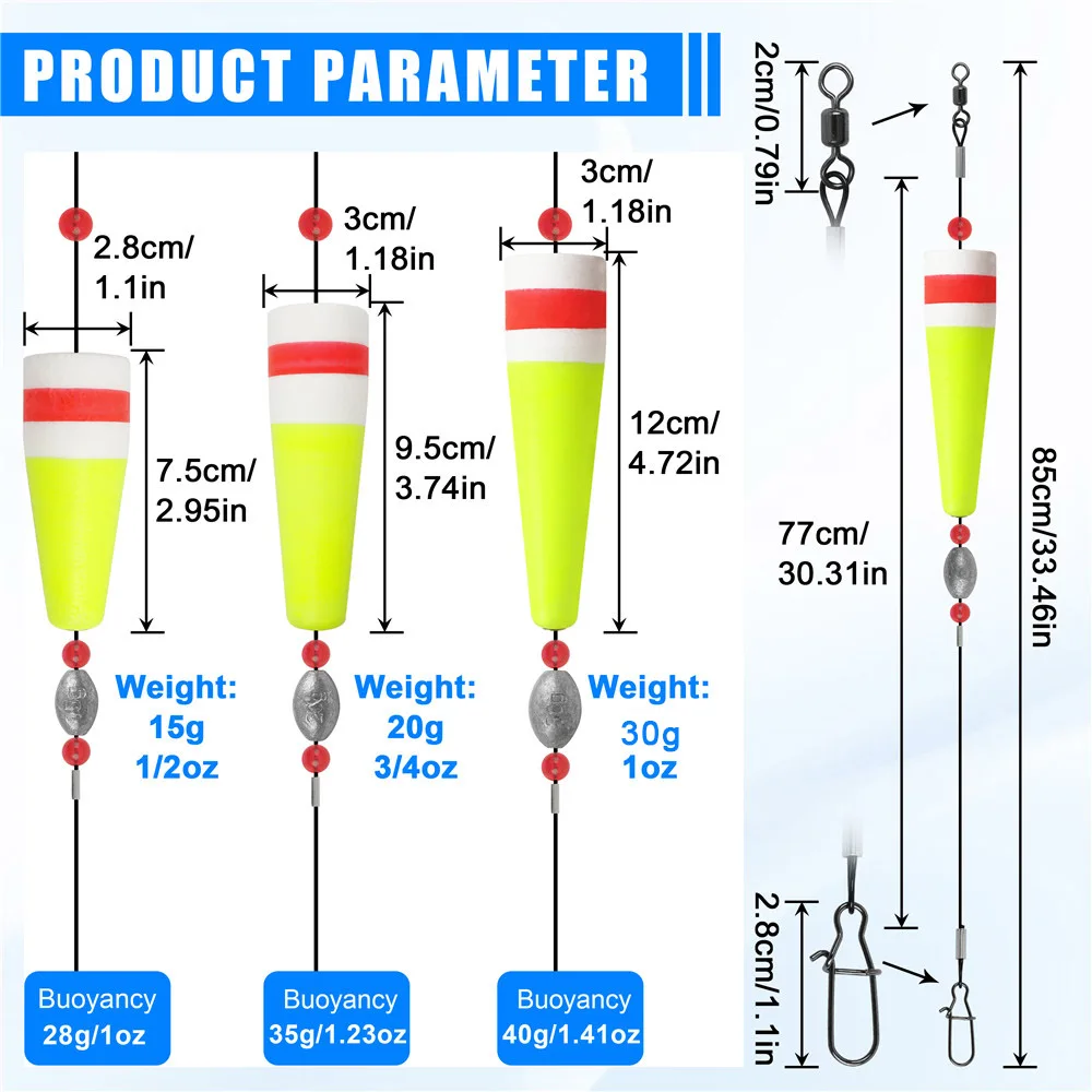 3pcs Fishing Bobbers Popping Corks Foam Weighted Bobber Buoys Saltwater Fishing Popping Cork Floats Rig With 15g 20g 30g Weight