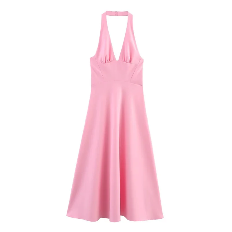 

Women's Dress New Summer 2025 Pink Halterneck Midi Dress Sexy Open Back Elegant Temperament Personality Fashion